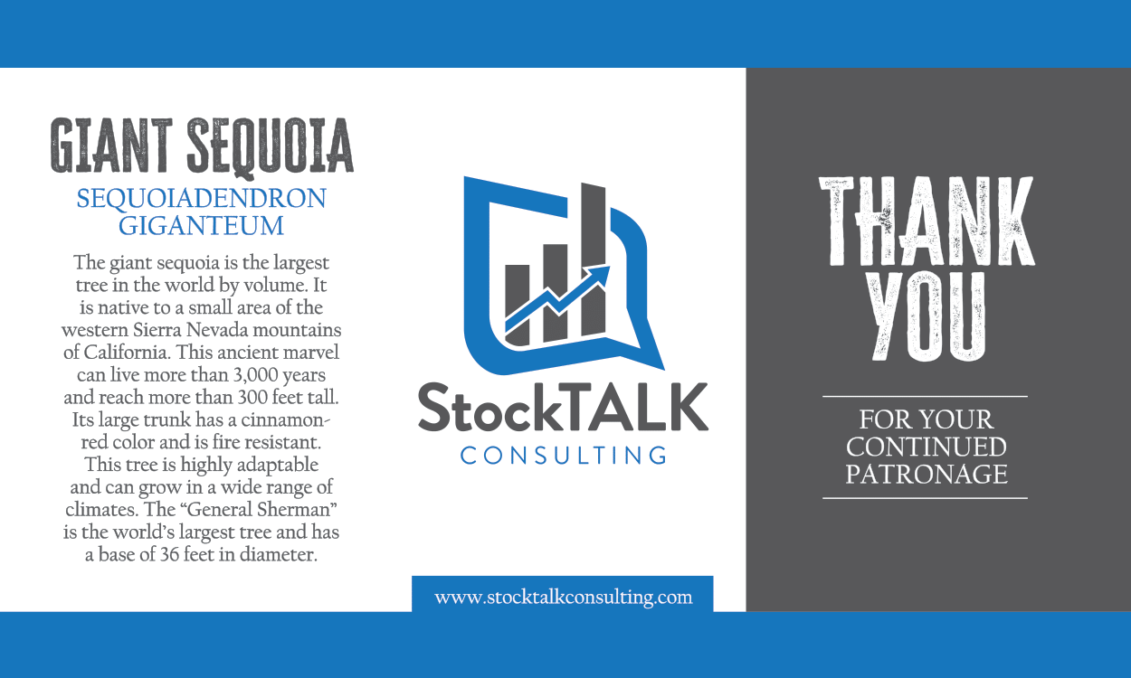 StockTalk Consulting advertisement with text about Giant Sequoia and a thank you message.