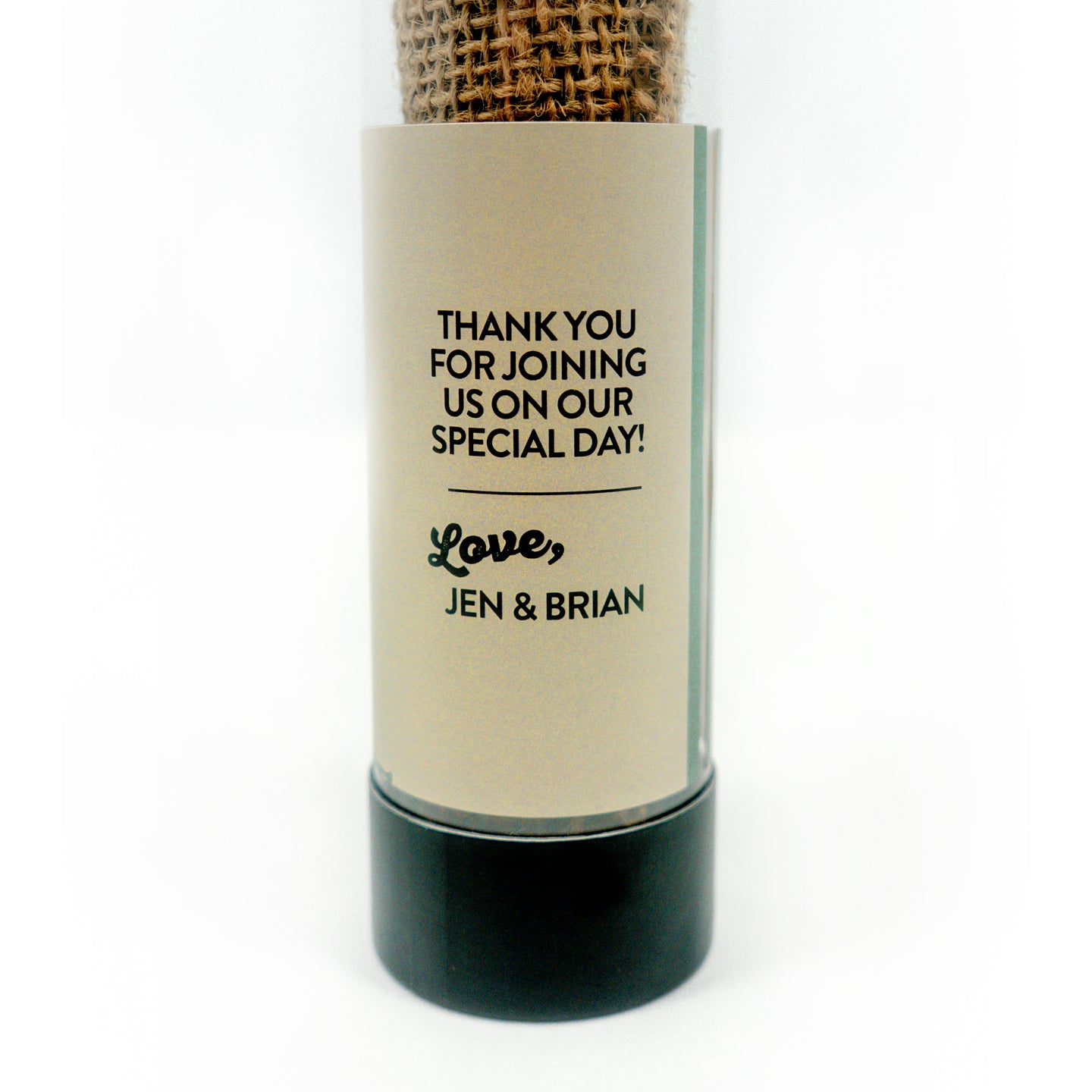 Personalized sequoia sapling in a container with a message on a white background