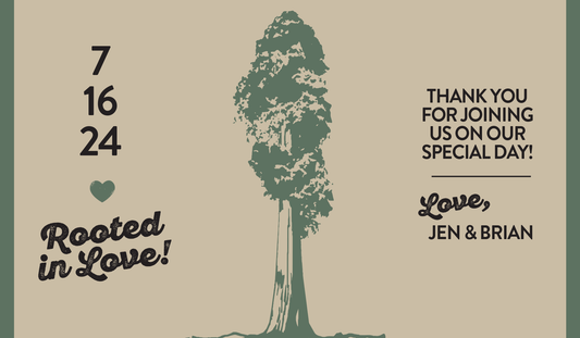 A personalized wedding favor label featuring a design of a giant sequoia tree with the text 'ROOTED IN LOVE' and a heart symbol, indicating it is for a special day