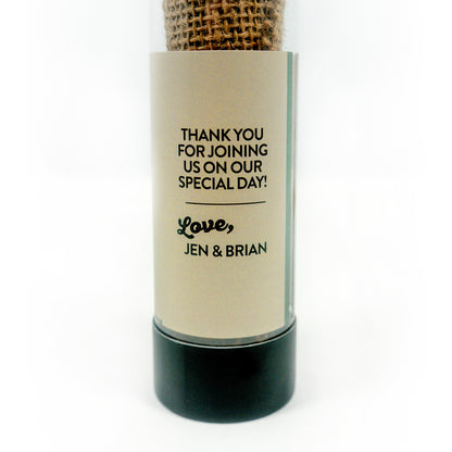 Personalized sequoia sapling in a container with a message on a white background