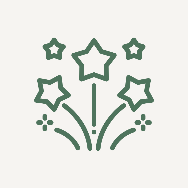 A decorative logo with stars and floral elements in green on a white background