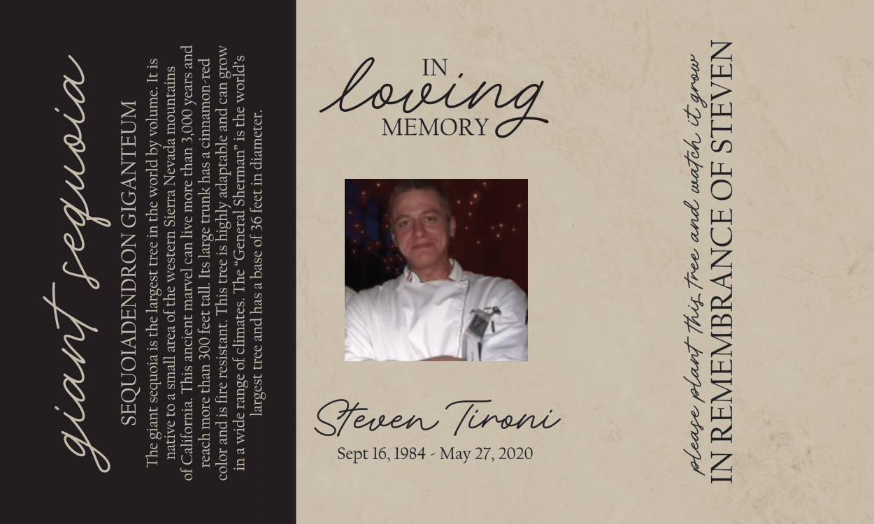 Memorial card for Steven Tironi with a photo and text on a beige background