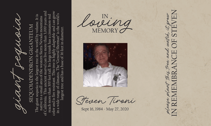 Memorial card for Steven Tironi with a photo and text on a beige background